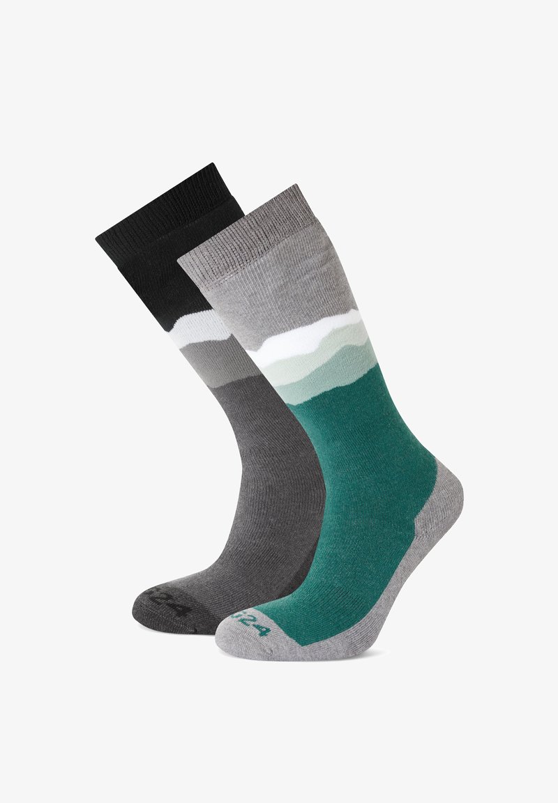 Two pairs of socks. One is black with a ribbed cuff. The other features a gradient of teal, gray, and white with a reinforced heel and toe.