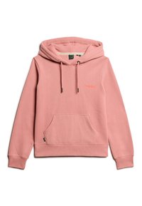 Sudadera de felpa rosa con bolsillo frontal, capucha con cordón y logo bordado en el pecho. Textura suave y diseño casual.