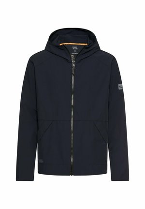Veste à capuche bleu marine avec fermeture éclair intégrale à l'avant, poches latérales et petits patchs logo sur la manche et l'ourlet.