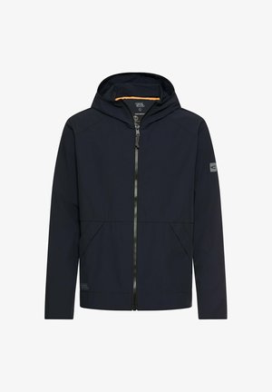 Veste à capuche bleu marine avec fermeture éclair intégrale à l'avant, poches latérales et petits patchs logo sur la manche et l'ourlet.