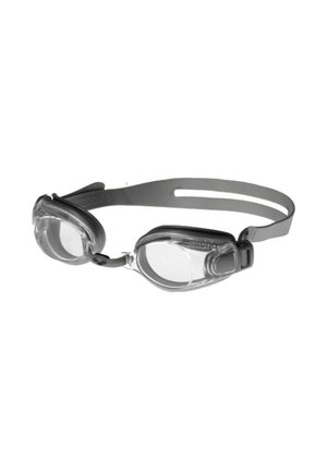 Occhialini da nuoto trasparenti con cinturino nero in silicone regolabile e lenti curve progettati per sport acquatici.