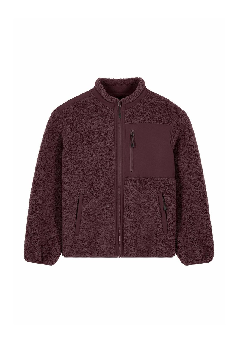 Veste polaire violet foncé avec fermeture éclair intégrale à l'avant, deux poches latérales zippées et une poche poitrine zippée, dotée d'un tissu texturé moelleux.