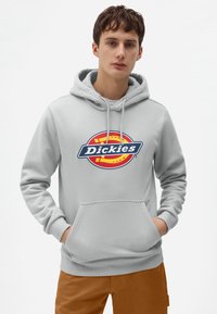 Lys grå hoodie med en frontlomme og snoretræk i huen, med et markant flerfarvet "Dickies" logo på brystet.