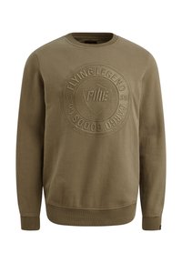 Olijfgroene sweatshirt van textuurstof, met een ronde halslijn en een reliëf logo ontwerp op de voorkant. Geribde boorden en zoom.