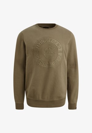 Olivengrønt sweatshirt lavet af struktureret stof, med rund halsudskæring og præget logo-design på forsiden. Ribstrikkede manchetter og søm.