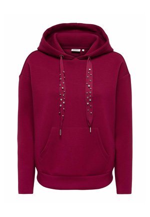Bordeauxrode capuchonsweatshirt met zak aan de voorkant en versierde trekkoorden met kleine metalen studjes en kralen.