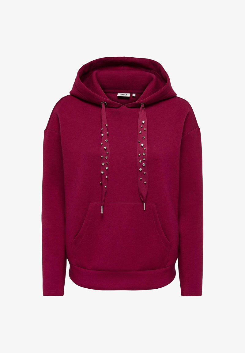 Sweat à capuche bordeaux avec poche avant et cordons ornés de petits clous et perles en métal.