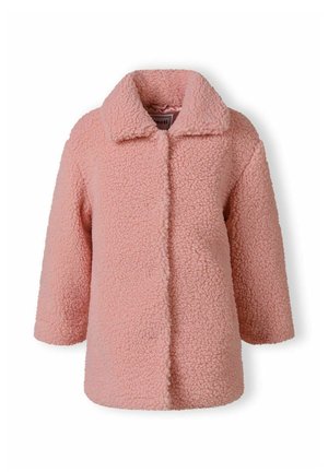 Manteau teddy texturé rose avec col large et manches longues, conçu pour la chaleur et le style.
