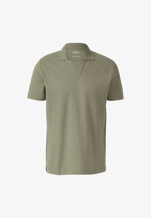 Kortemouwen olijfgroene poloshirt met een inkepingkraag en zonder knopen, weergegeven op een effen witte achtergrond.