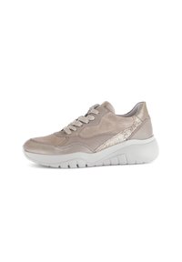 Beige athletic sneakers with textured suede and metallic accents, featuring a cushioned white sole and traditional lacing design.