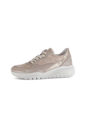 Beige athletic sneakers with textured suede and metallic accents, featuring a cushioned white sole and traditional lacing design.
