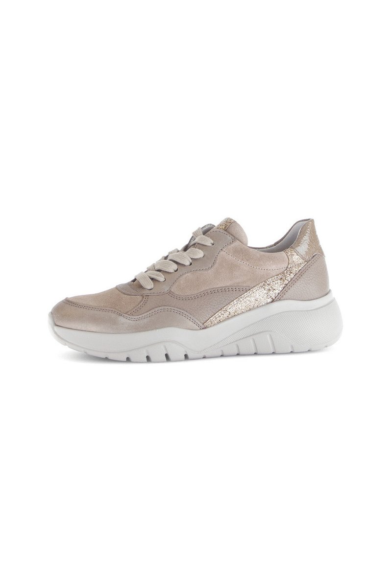 Beige athletic sneakers with textured suede and metallic accents, featuring a cushioned white sole and traditional lacing design.