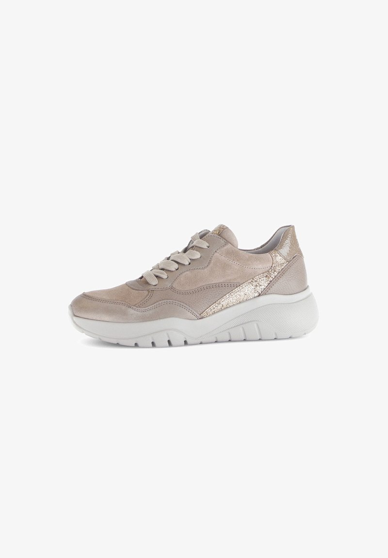 Beige athletic sneakers with textured suede and metallic accents, featuring a cushioned white sole and traditional lacing design.