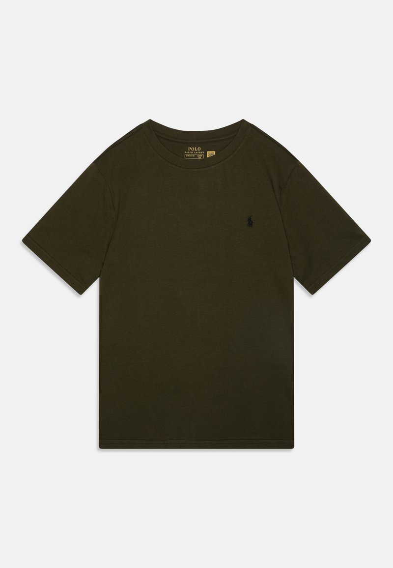 T-shirt de algodão verde oliva escuro com mangas curtas, gola redonda e um pequeno logótipo preto bordado no lado esquerdo do peito.