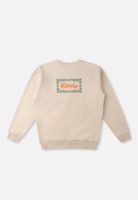 Sweatshirt beige avec une bordure florale verte et le mot "Rivvia" en orange au dos. Matière en coton avec des poignets côtelés.