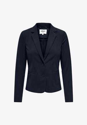 Blazer di corduroy blu navy con maniche lunghe, rever a dos di mulo, chiusura a un bottone e due tasche frontali. Texture liscia con motivo a coste.