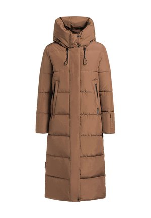 Cappotto lungo marrone, isolato, con colletto alto, tasche con zip e design trapuntato, dotato di lacci regolabili sul cappuccio e sui polsini.