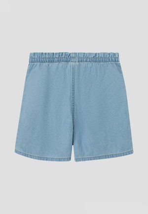 Short en denim bleu clair avec taille élastique et couture centrale, présenté sur fond uni.