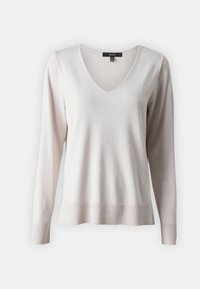 Lyse beige genser med V-hals, lange ermer og ribbede mansjetter. Laget av et mykt, glattere stoff med en litt avslappet passform.