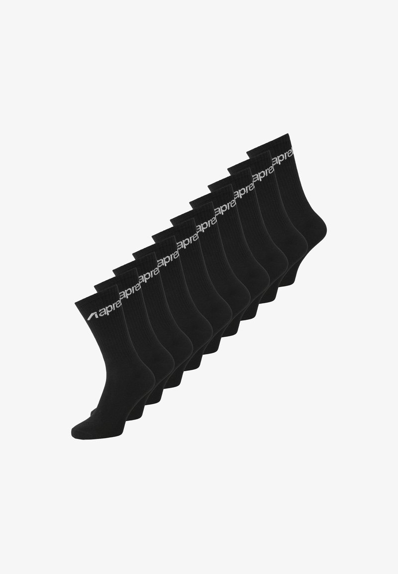 Black cotton socks arranged in a row, featuring ribbed texture, reinforced toe, and a white logo on the cuff.