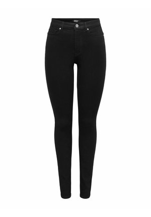 Black skinny jeans made from denim, featuring a high-waisted design, front pockets, and a traditional button and zipper fly closure.