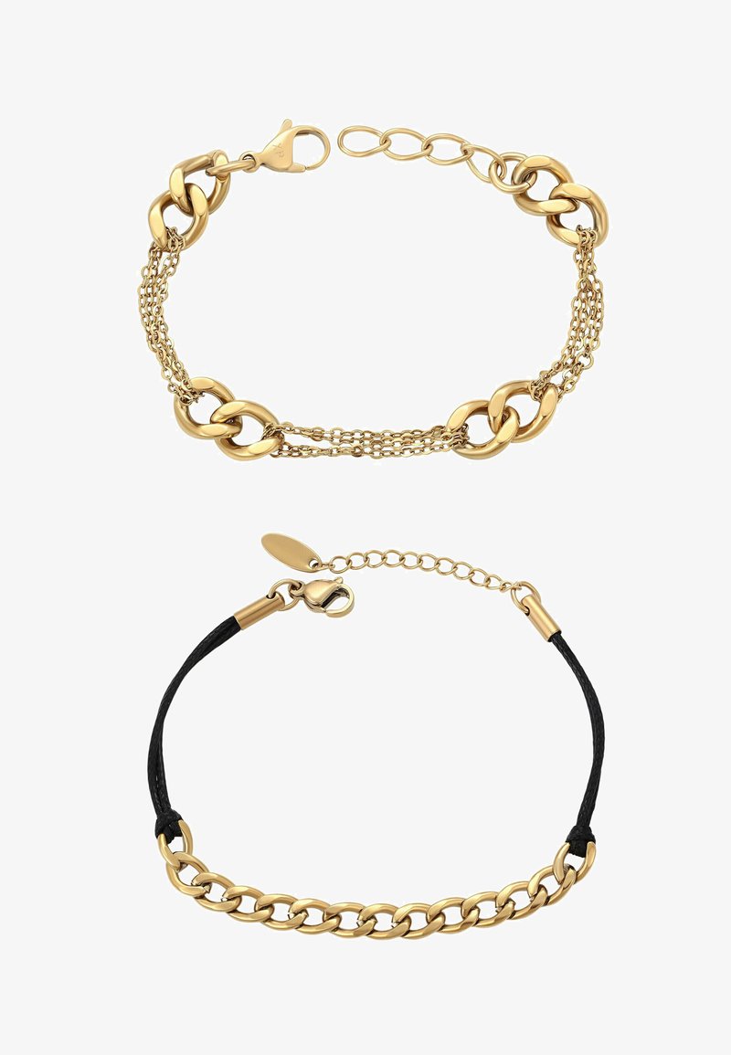 To armbånd: et i guldkæde med flere små kæder, og et sort snørrebånd med guldkæde og lås, begge med forlængerkæder.