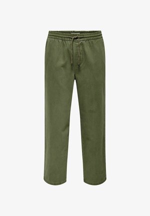 Khaki groene broek van zacht materiaal, met een elastische tailleband met trekkoord, rechte pijpen en omslagen aan de onderkant.