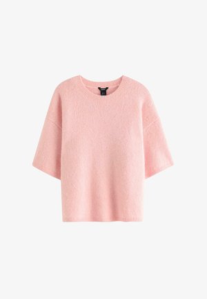 Mjuk, rosa kortärmad stickad tröja med rund halsringning och avslappnad passform, visad mot en vit bakgrund.