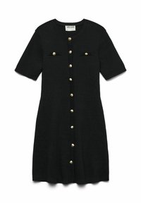 Robe en maille noire à manches courtes, encolure ronde, boutons dorés sur le devant et deux poches poitrine avec accents côtelés.