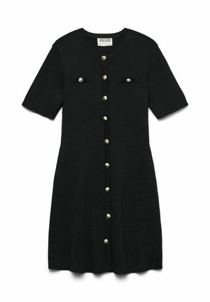 Black knit dress with short sleeves, round neckline, gold buttons down the front, and two chest pockets with ribbed accents.