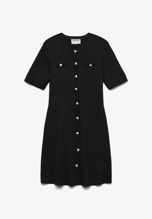 Crna pletena haljina s kratkim rukavima, okruglim izrezom, zlatnim gumbima sprijeda i dva džepa na prsima s rebrastim detaljima.