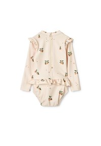 Maillot de bain à manches longues en tissu pêche clair, orné d'imprimés de fruits orange. Épaules volantées et fermeture éclair au dos avec une coupe évasée en bas.