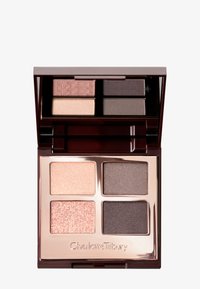 Compact eyeshadow palette with four shades: light beige, pink shimmer, taupe, and dark brown, with a built-in mirror.
