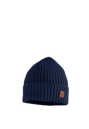 Navy blue ribbed knit beanie with folded cuff and small brown leather logo patch on side.