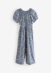 Flödande blommig jumpsuit i blått, med puffärmar, samlad halsringning och elastisk midja med ett blommigt mönster över hela.
