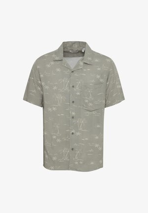 Srajca s kratkimi rokavi, svetlo siva, z belim vzorcem palmovega drevesa in sonca, enojni žep na prsih, sproščen kroj in mehak občutek tkanine.