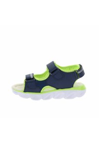 Marineblauwe sandaal met limoen groene accenten, gemaakt van ademend gaas en synthetisch materiaal, voorzien van verstelbare klittenbandsluitingen en een gevoerde zool.