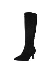 Bota de ante negra hasta la rodilla con punta afilada y un tacón kitten de 2 pulgadas. Presenta una textura suave y un detalle de costura mínimo.