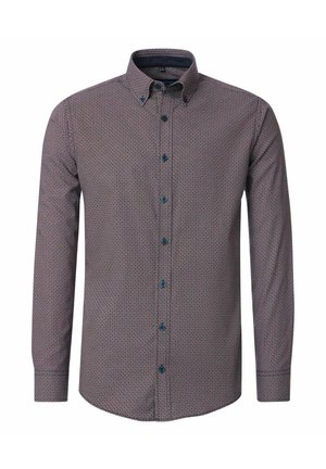 Langärmliges Hemd mit geometrischem Muster in Marineblau und Rot, aus Baumwolle, mit Button-Down-Kragen und kontrastierenden blauen Knöpfen.