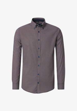 Langärmliges Hemd mit geometrischem Muster in Marineblau und Rot, aus Baumwolle, mit Button-Down-Kragen und kontrastierenden blauen Knöpfen.