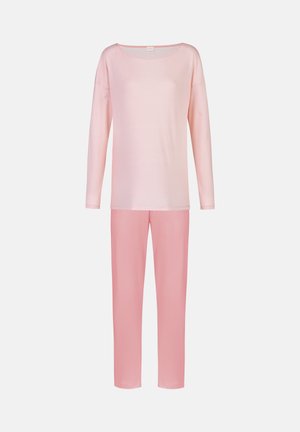 Jasnoróżowy zestaw do relaksu z długim rękawem z poziomymi paskami i dopasowanymi, jednokolorowymi spodniami. Miękka tkanina o luźnym kroju.