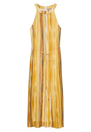 Vestito lungo giallo senza maniche con strisce verticali marroni e bianche, collo halter e sottile cintura annodata in vita.
