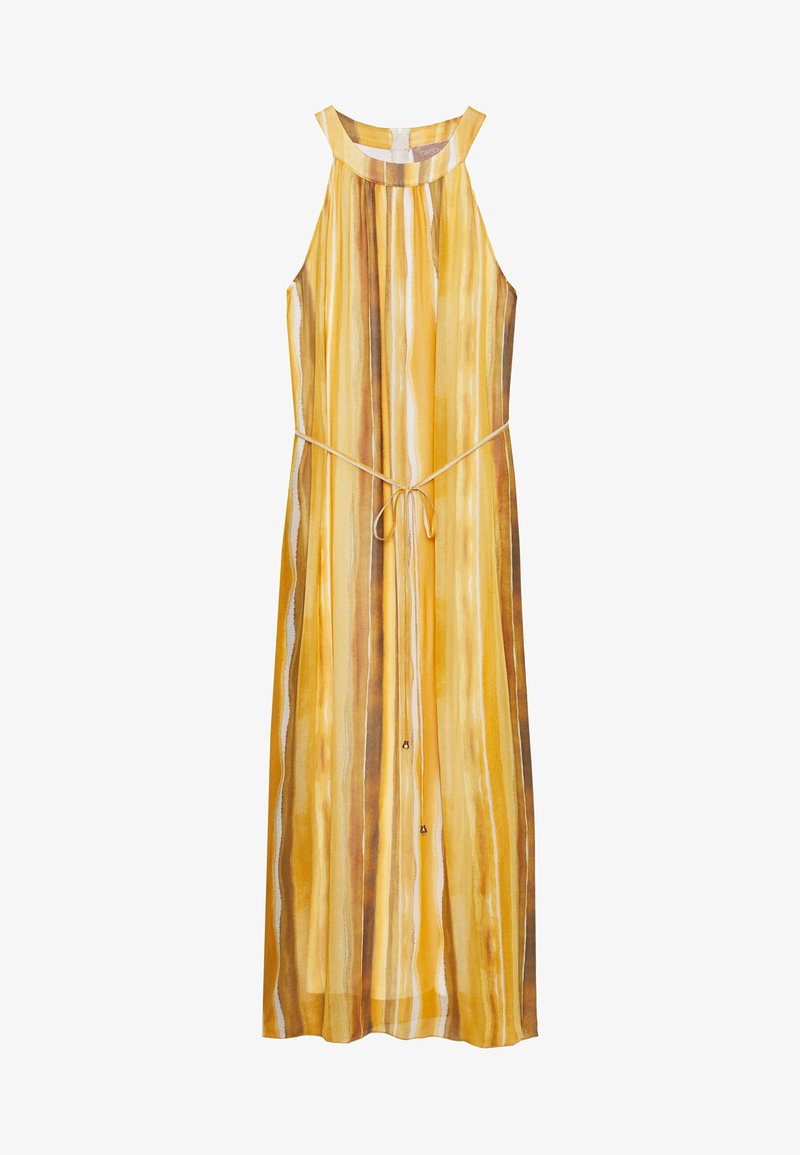 Robe longue jaune sans manches avec des rayures verticales marron et blanches, col halter et ceinture fine nouée à la taille.
