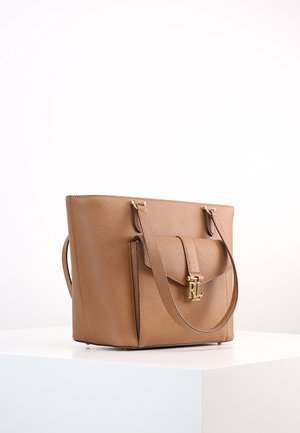 Brown textured leather tote bag with front pocket and gold RL logo, featuring double shoulder straps on a white surface.