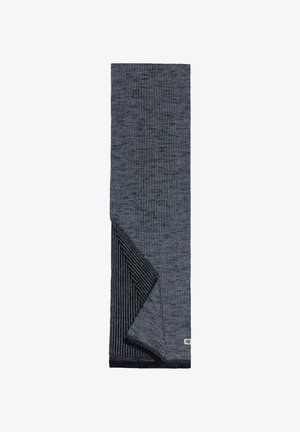 Dark gray scarf with ribbed texture; features a soft knit material and a striped pattern on the underside. Tag at bottom corner.