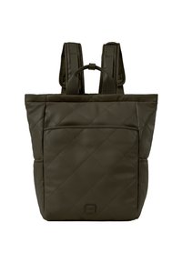 Sac à dos matelassé vert olive avec deux bretelles, poche avant et matériau texturé. Conçu pour un usage pratique.