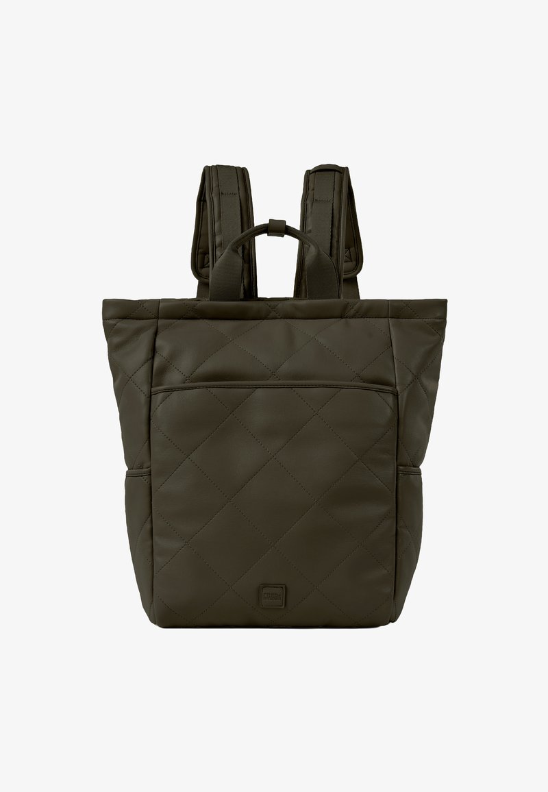 Sac à dos matelassé vert olive avec deux bretelles, poche avant et matériau texturé. Conçu pour un usage pratique.