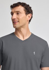 Camiseta gris de cuello en V hecha de una tela suave. Presenta mangas cortas y un pequeño logo bordado en el lado izquierdo del pecho. Diseño simple y casual.