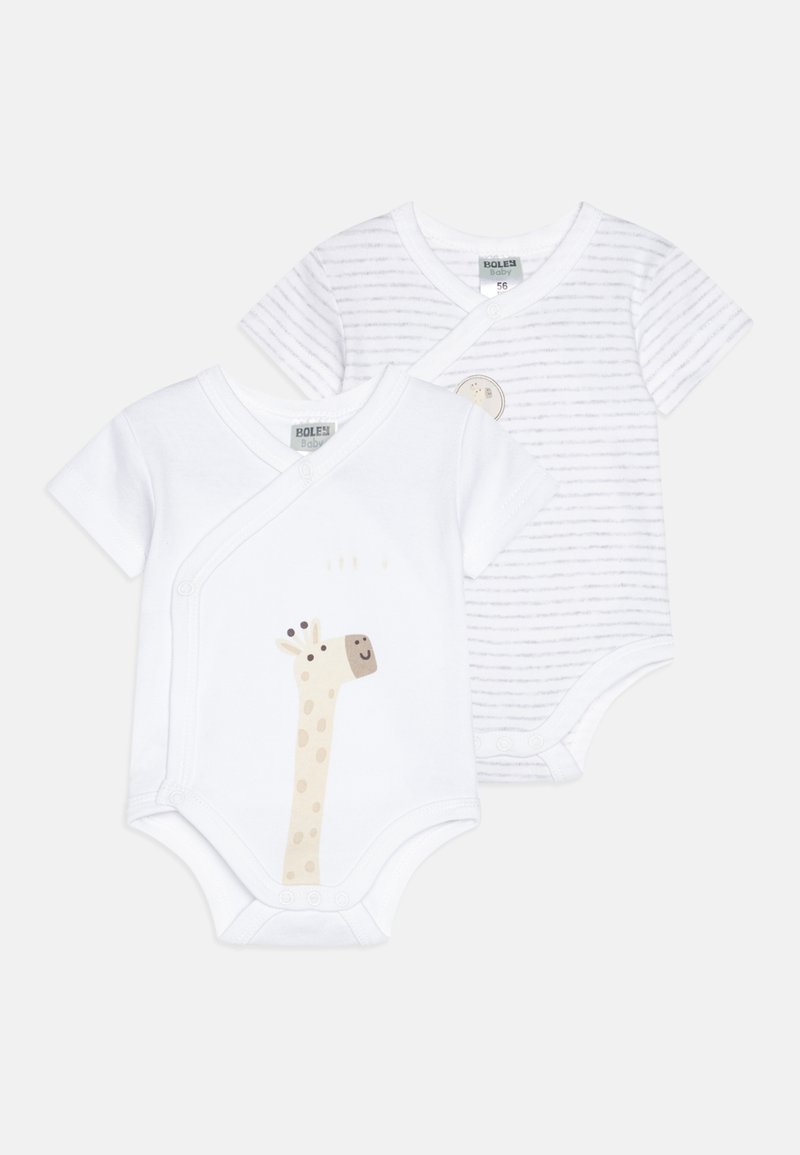 Dva bebi bodija: jedan bijeli s uzorkom žirafe, a drugi sive i bijele pruge. Obojica imaju zatvaranje na gumbiće i kratke rukave.