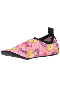Rosa Slipper-Schuhe aus Stoff mit Cartoon-Katzen-Mustern. Verfügt über eine schwarze Gummisohle und elastischen Rand für einen sicheren Sitz.